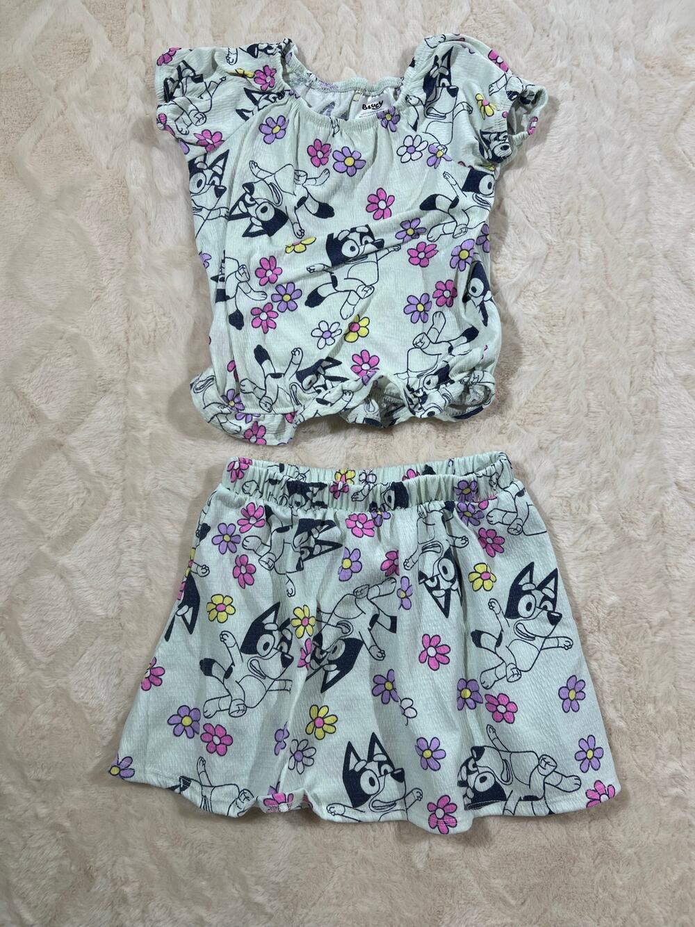Bluey Girls 5T Top Skirt Outfit Set Floral Cartoon Matching EUC Disney BBC